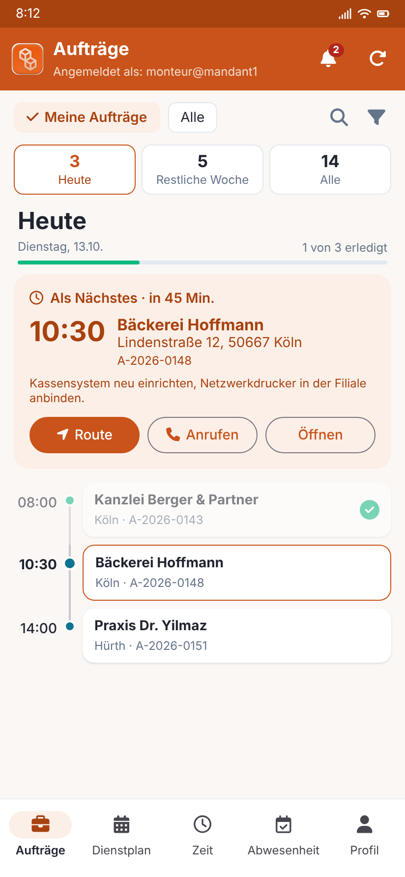 Android-App: Heute-Ansicht mit nächstem Termin, Route und Zeitleiste