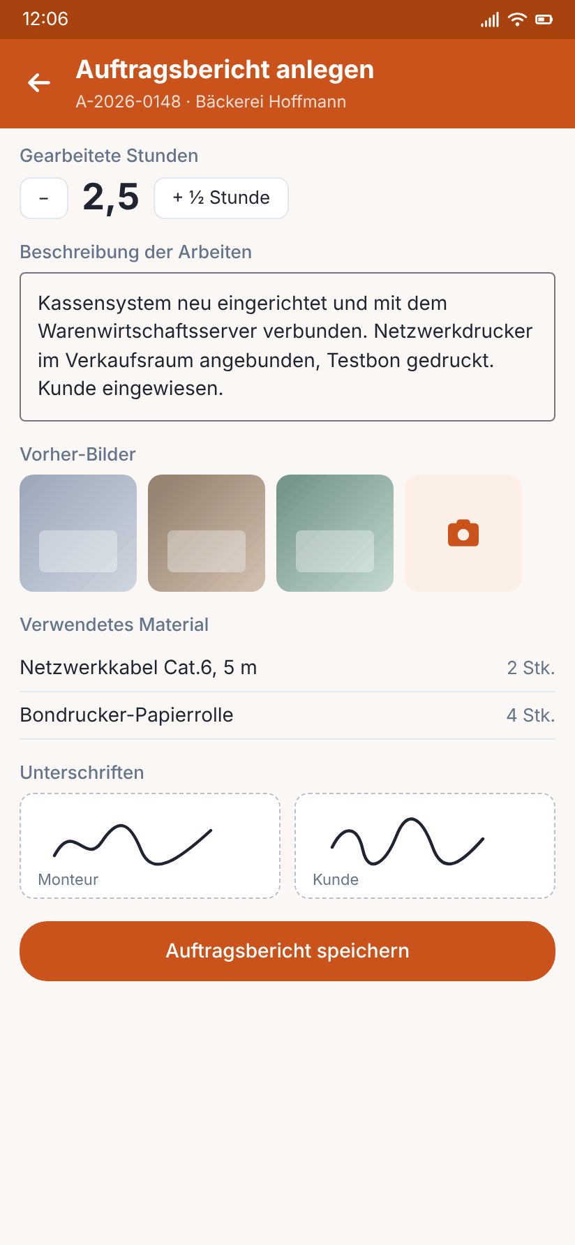 Android-App: Auftragsbericht mit Stunden, Fotos, Material und Unterschriften