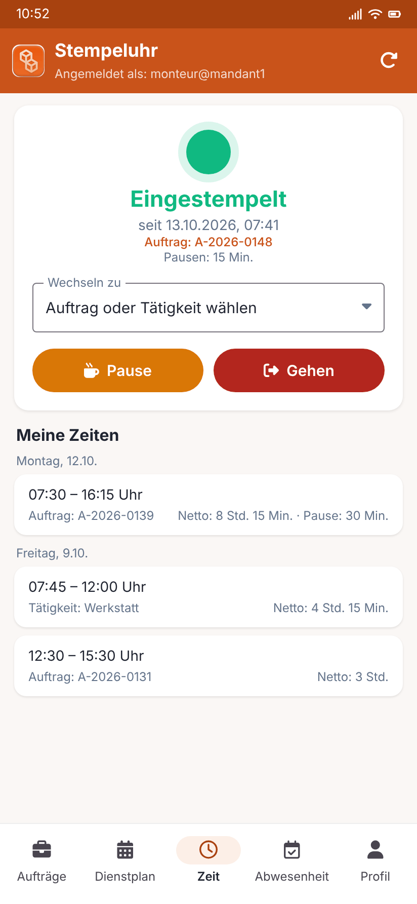 Android-App: Stempeluhr mit Status, Pause und Gehen