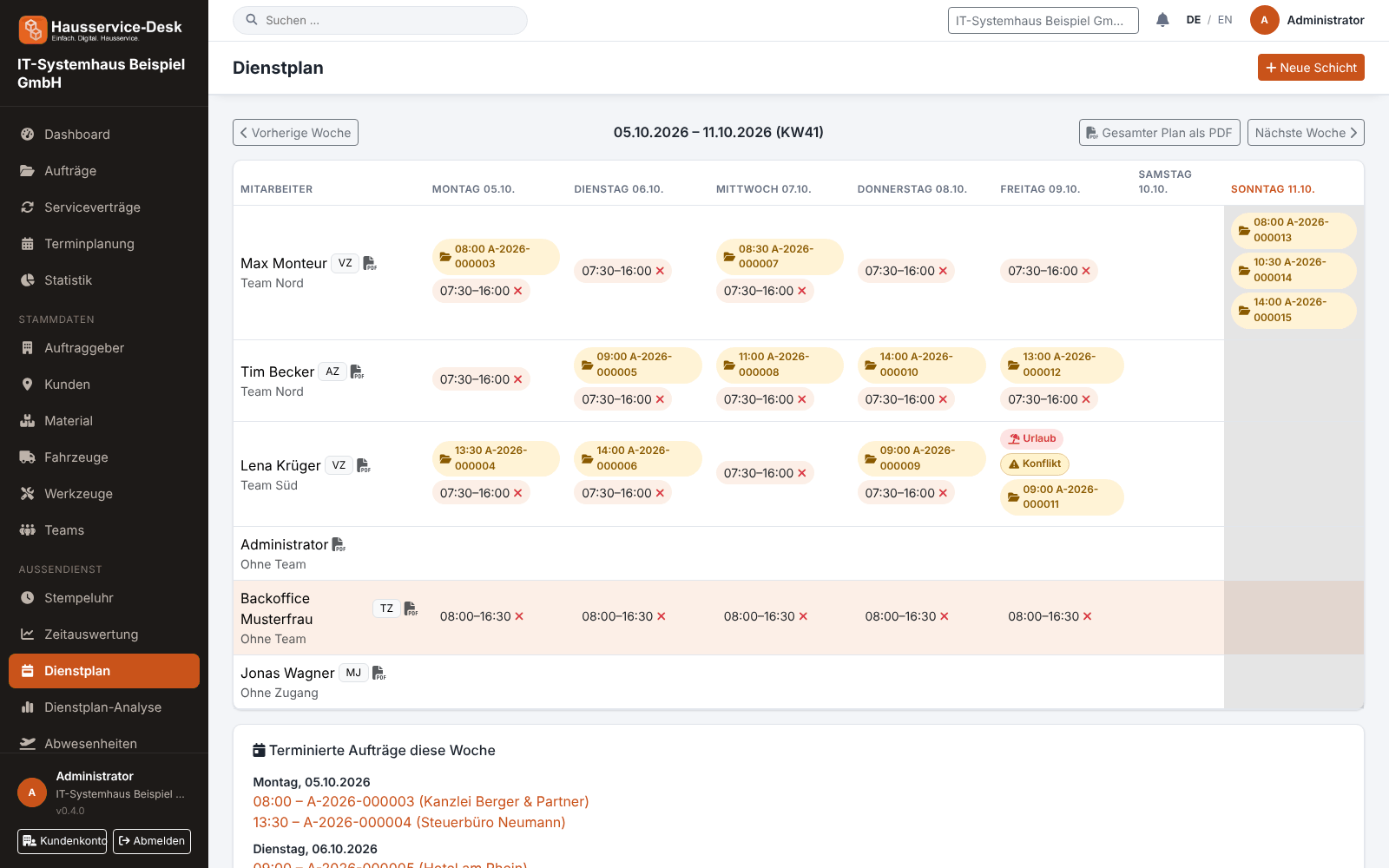 Dienstplan im Browser mit Schichten der Woche