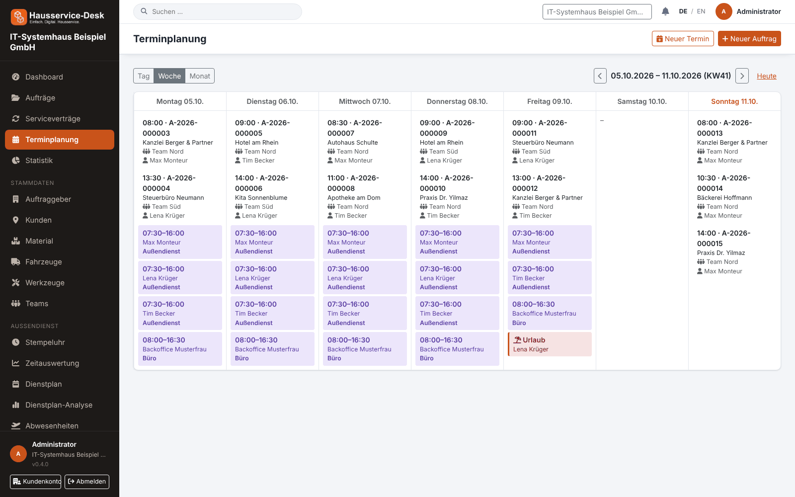 Terminplanung im Browser mit Aufträgen der Woche