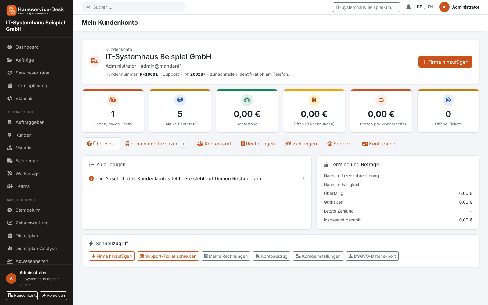 Kundenkonto im Browser mit Firmen, Paket und Abrechnung
